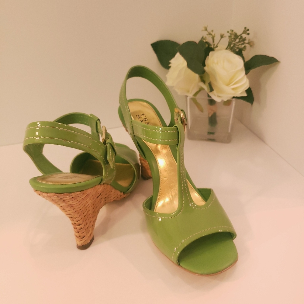 Franco Sarto designer wedge heels lime green with gold buckle Size 9.5 regular